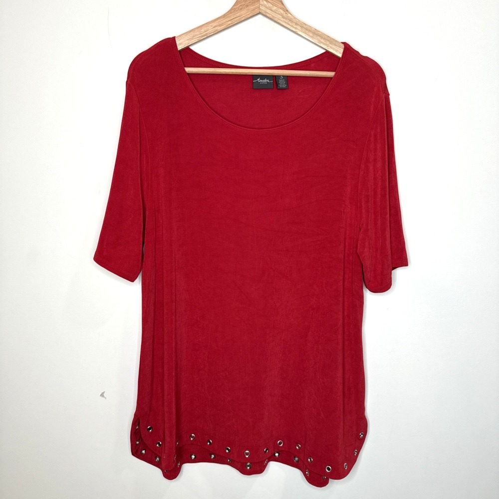 Chico's Travelers Slinky Short Sleeve Tunic Top Grommets Stretch Red Womens 3 XL